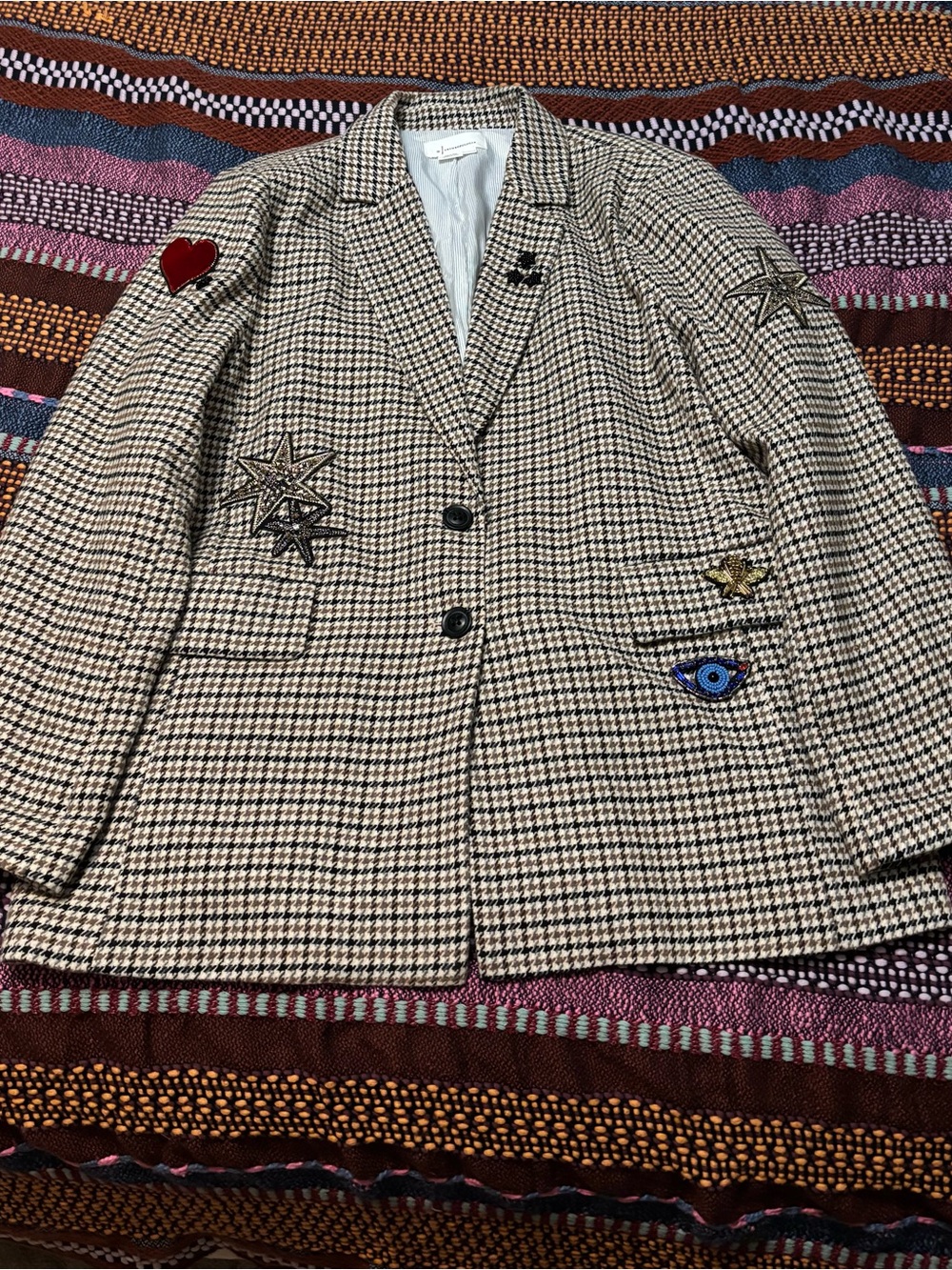 Anthropologie Checked Blazer with Embroidered Patches - Beige/Brown